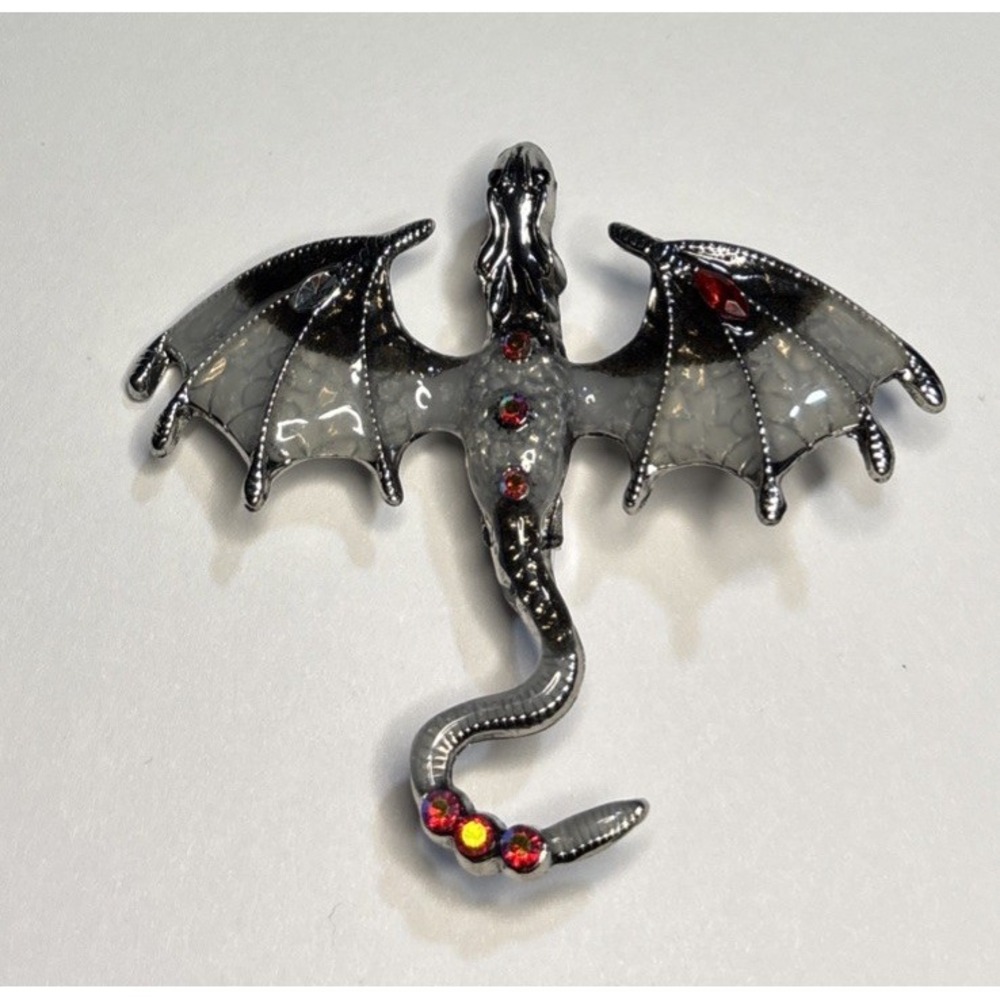 Dragon Brooch Silver Tone AB Rhinestones Gothic Fantasy 2" New
